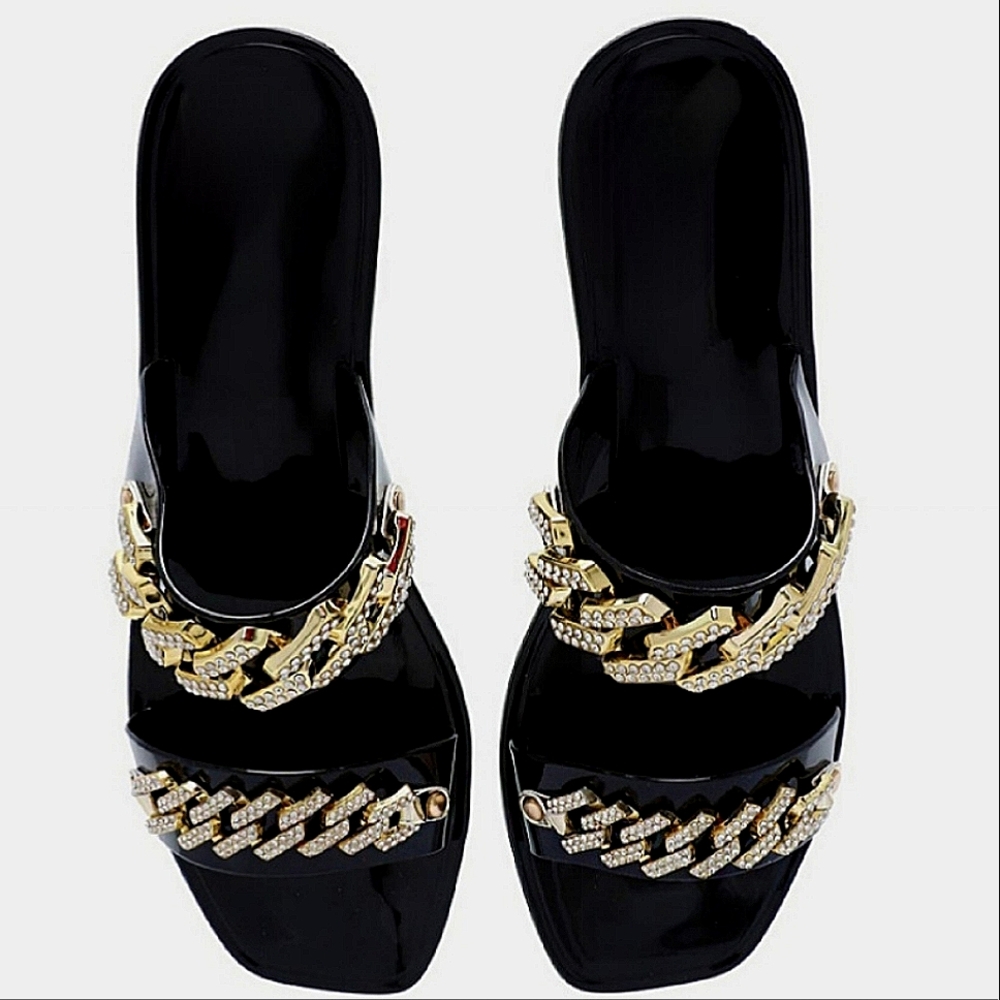 Stunning Thick Pave Jeweled Chains Spring Summer High Quality Jelly Sole Sandals